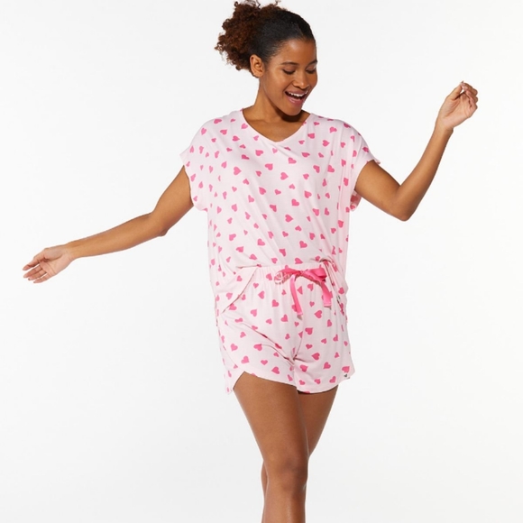 💝 NWT Soft Knit Pink Hearts Short Sleeve Top & Shorts Pajama Set Sz Lg - Picture 2 of 5